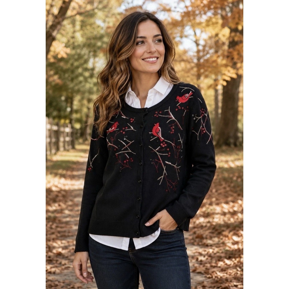 Christopher & Banks Cardinal Red Bird Beaded Embroidered Cardigan Medium B8
